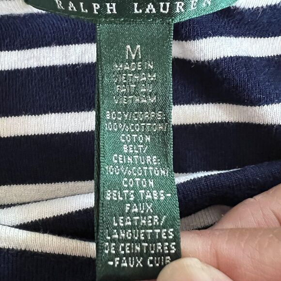 Lauren Ralph Lauren Dress Womens Medium Navy Stripe Button Shoulder Boatneck - Picture 7 of 14